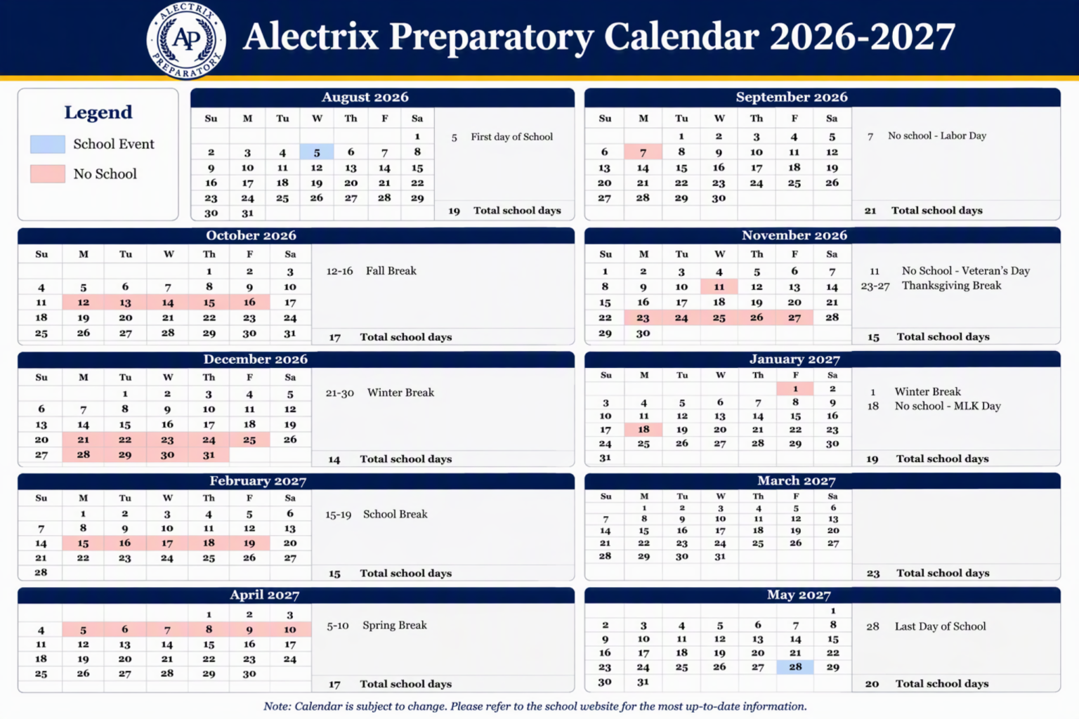 Alectrix Preparatory Calendar 2026-2027